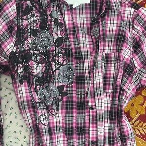Plaid Y2K Pink Black Shirt and Striped Lace and Buttoned Detailed Shirt